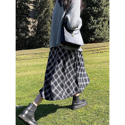 New 2025 Plaid Long Skirts Women Korean Style High-waisted A-line Thin Skirt Casual Daily Basics Skirts Woman