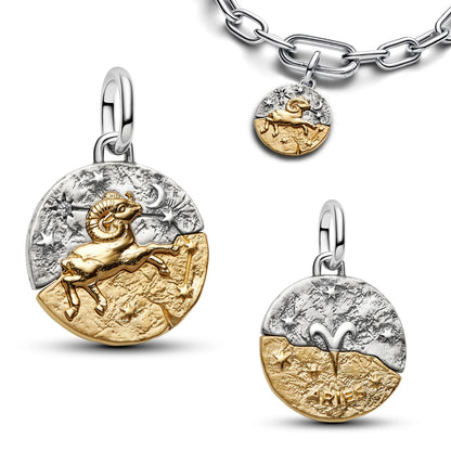 925 Sterling Silver Zodiac Coin Charms 12 Constellation Coin Pendant Crystal Lucky Amulet Beads Bracelet Necklace DIY Jewelry