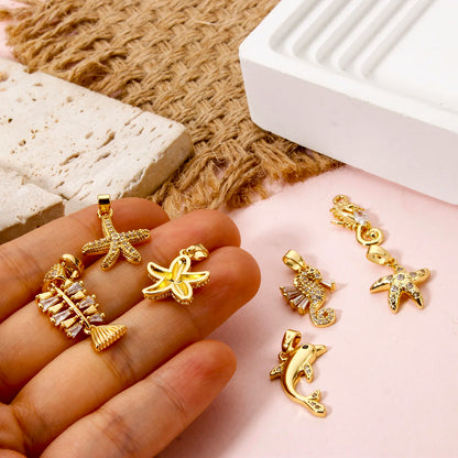 2 Pcs Brass Ocean Charms Gold Plated Dolphin Starfish Fish Seahorse Pendant For DIY Necklace Bracelet Making Jewelry