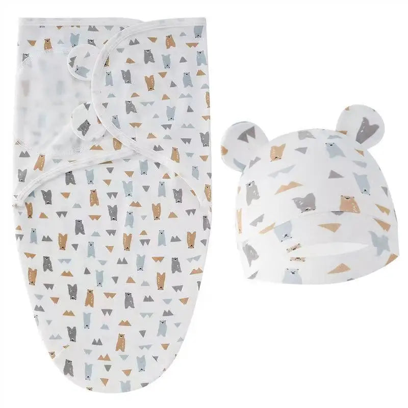 Baby Blanket Hat Set Cartoon Printed Cotton Newborn Swaddle Adjustable Infant Sleeping Swaddle Wraps All Seasons 0-6 Months