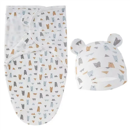Baby Blanket Hat Set Cartoon Printed Cotton Newborn Swaddle Adjustable Infant Sleeping Swaddle Wraps All Seasons 0-6 Months