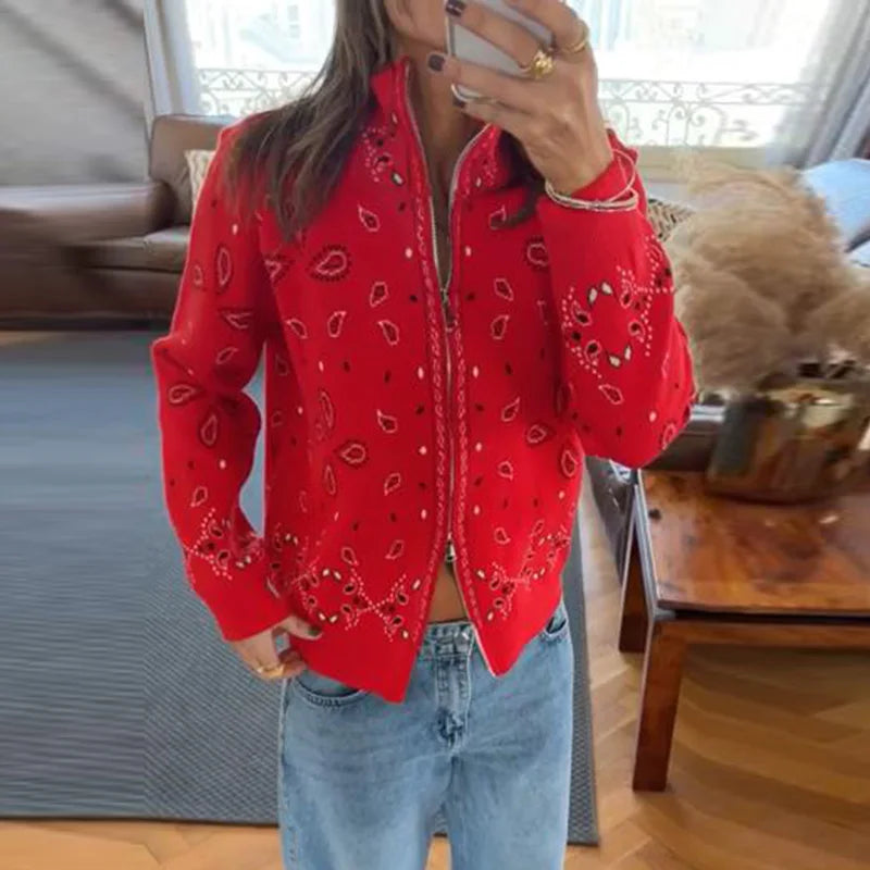 Casual Women's Jacquard Knit Cardigan Loose Stand Collar Zipper Long Sleeve Pockets Sweater 2026 Autumn Lady Vintage Sweaters