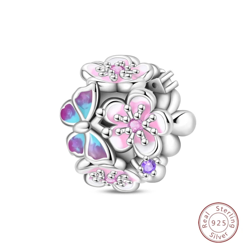 Spring Day 925 Sterling Silver Sunflower Azalea Peony Butterfly Flower Charms Beads Fit 3mm Bracelets DIY Fine Jewelry Making