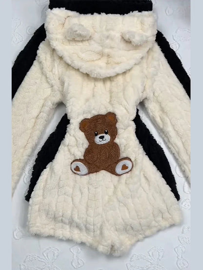Trendy Cartoon Bear Pattern Warm Jumpsuit Shorts Women Plush Hooded Flannel Loungewear Lady New Autumn Winter Effortless Outfits