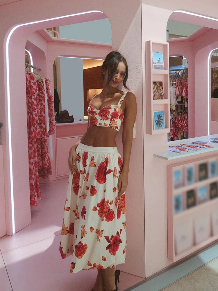 Elegant Floral Two Piece Set Sweetheart Crop Bustier High Waist Flowy A Line Midi Skirt Women Summer Daily Vacation Party Outfit