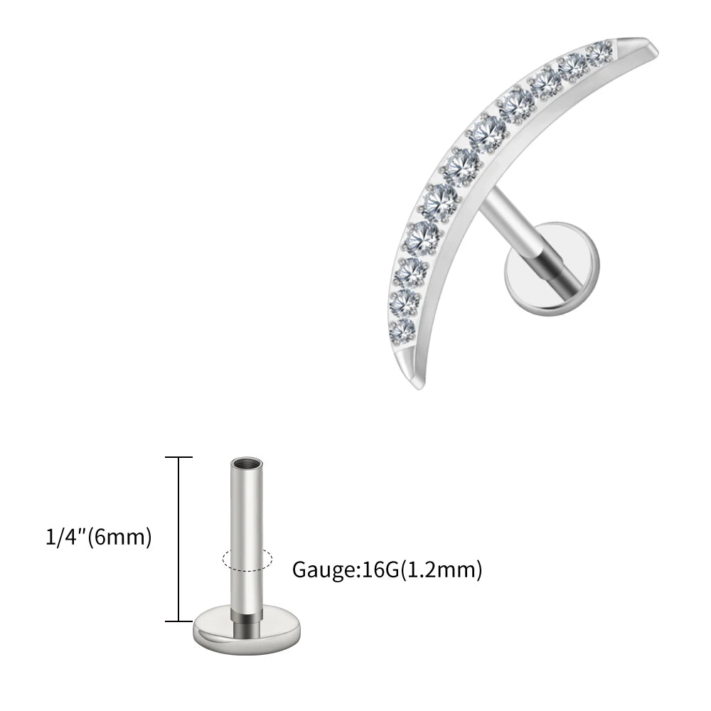 Right Grand ASTM F136 Titanium Long Crescent Moon Labret with CZ 16G Screw Back Climber Earring Helix Cartilage Tragus Piercing