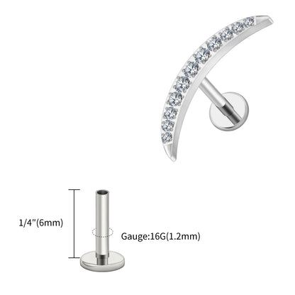 Right Grand ASTM F136 Titanium Long Crescent Moon Labret with CZ 16G Screw Back Climber Earring Helix Cartilage Tragus Piercing