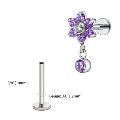 Right Grand ASTM F136 Titanium 16G Flower CZ Drop Dangle Flat Earring Tragus Helix Lobe Stud Piercing Jewelry