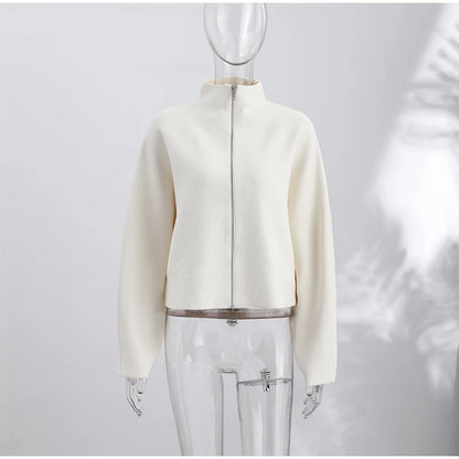 Elegant Knitted Zipper Women's Sweater Solid Full Sleeve Stand Collar Loose Open Stitch Female 2026 Fashion Autumn Outwear Lady