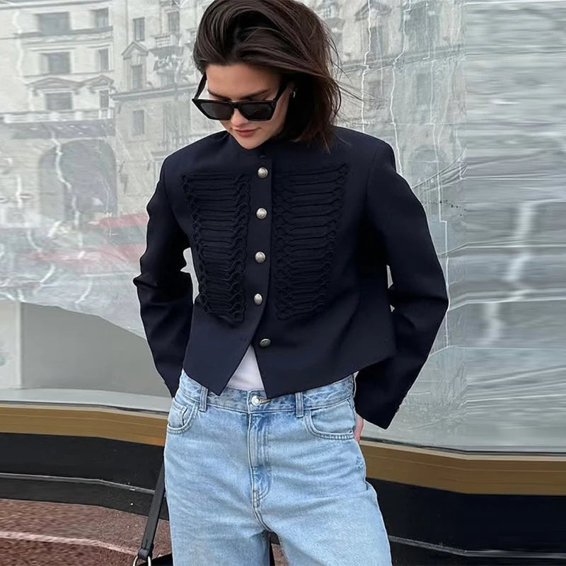 Fashion Black Court Style Cropped Jacket For Women Elegant O-neck Long Sleeve Double Breasted Coat Lady 2026 Spring Chic Outwear