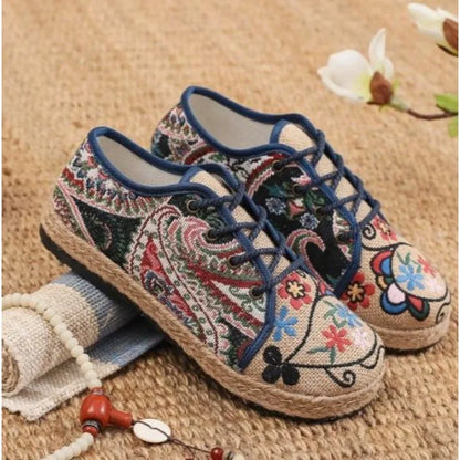 Women Shoes  Round Head Cotton Linen Canvas Single National Woven Round Toe Lace Up Cloth Shoes Woman Flats Size 35-40