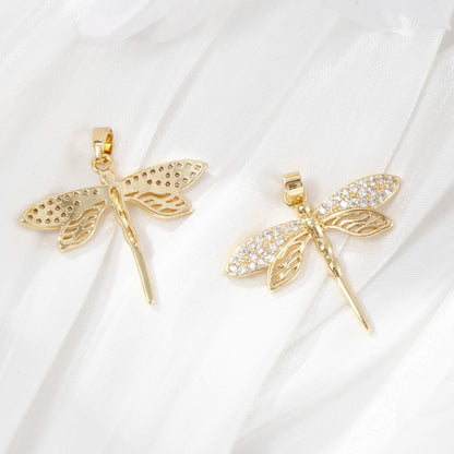 2PCs Brass Insect Pendant For Necklace Making 18K Gold Plated Micro Pave Clear Cubic Zirconia Dragonfly Charms DIY 29mmx29mm