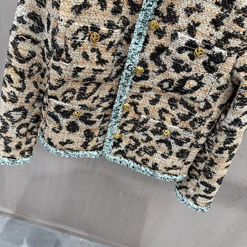 KUCLUT 2026 Autumn Winter Leopard Print Tweed Short Coat For Women Gold Buttons Contrast Color Versatile Elegant Jacket 1A4837