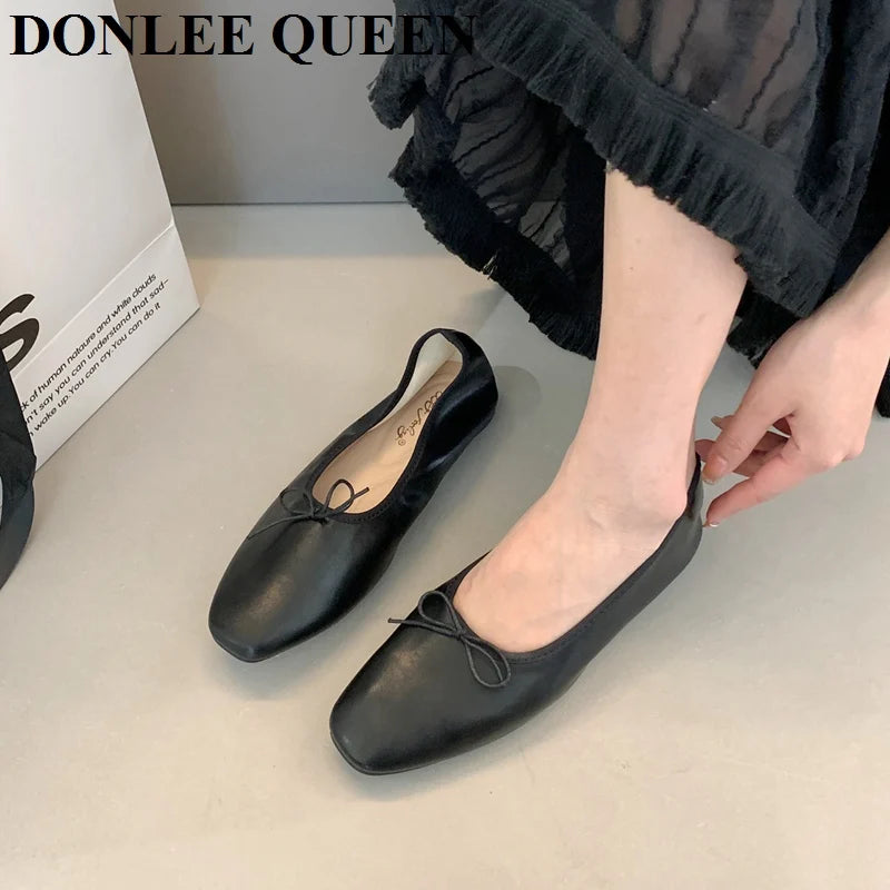 2024 Fashion Candy Color Flats Ballet Shoes Women Female Ballet Round Toe Shallow Bow Knot Ballerina Soft Moccasin Zapatos Mujer