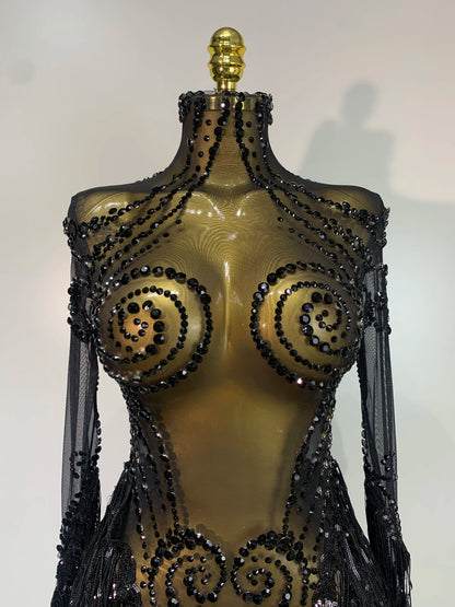 Sparkly Rhinestones Sequins Fringes Birthday Celebrate Evening Dress Women Sexy Mesh Transparent Dance Costume Photo Shoot Wear