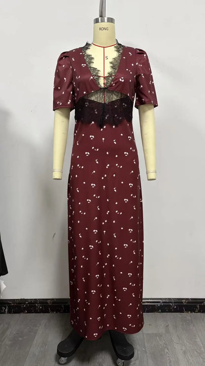 Sexy Polka Dot Dresses For Women Patchwork Lace Maxi Dress Hollow out Deep V Neck Sleeveless Bodycon Elegant Party Dress