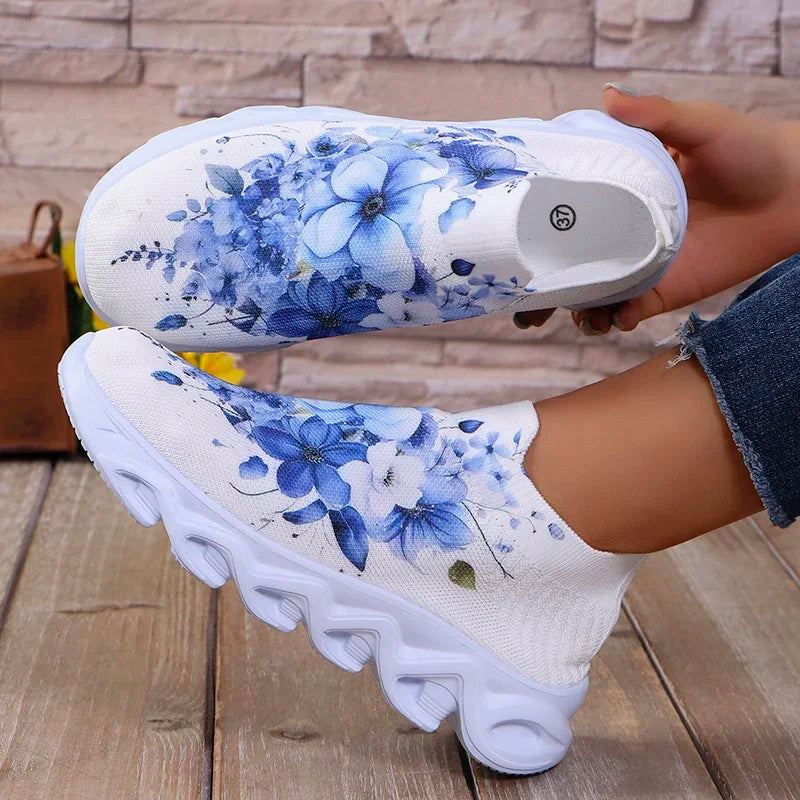 Fashion Printed Women's Running Sneakers Plus Size Knitted Breathable Mesh Casual Shoes Woman Comfortable Non Slip Walking Flats