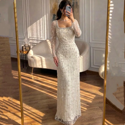 Aileen Elegant European Evening Dress Customized Ivory Tulle STRAIGHT Floor Length With Sequins Evening Dress Robes De