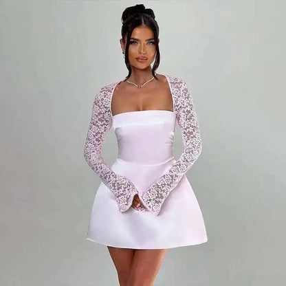 Dresses Lace Patchwork Waist Wrap A-line Dress Women Mini Autumn Winter Dress Backless Nightclub Sexy Party Dresses