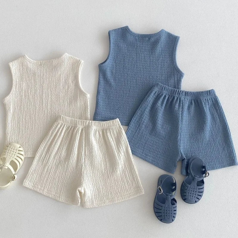 New Arrival Korean Style Solid Baby Gauze Homewear Children Breathable Loose Sleeveless Tank Tops + Shorts 2Pcs Thin Pajamas Set