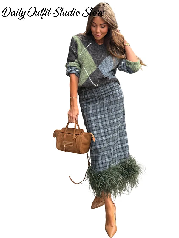 Elegant Knit Sweater Plaid Midi Skirt Set Faux Fur Hem Patchwork Pullover Casual Fall Winter Elegant 2026 New Chic Hot Lady Sets