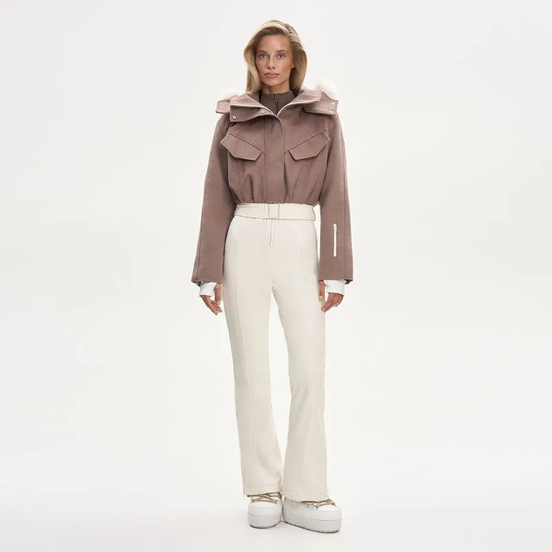 Fur Trim Hooded Flap Pocket Wool-Blend Ski Jumpsuit Patchwork Full Length 2025 Winter Fashion New Causal Warm Women Skiwear Set