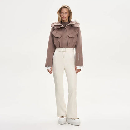 Fur Trim Hooded Flap Pocket Wool-Blend Ski Jumpsuit Patchwork Full Length 2025 Winter Fashion New Causal Warm Women Skiwear Set