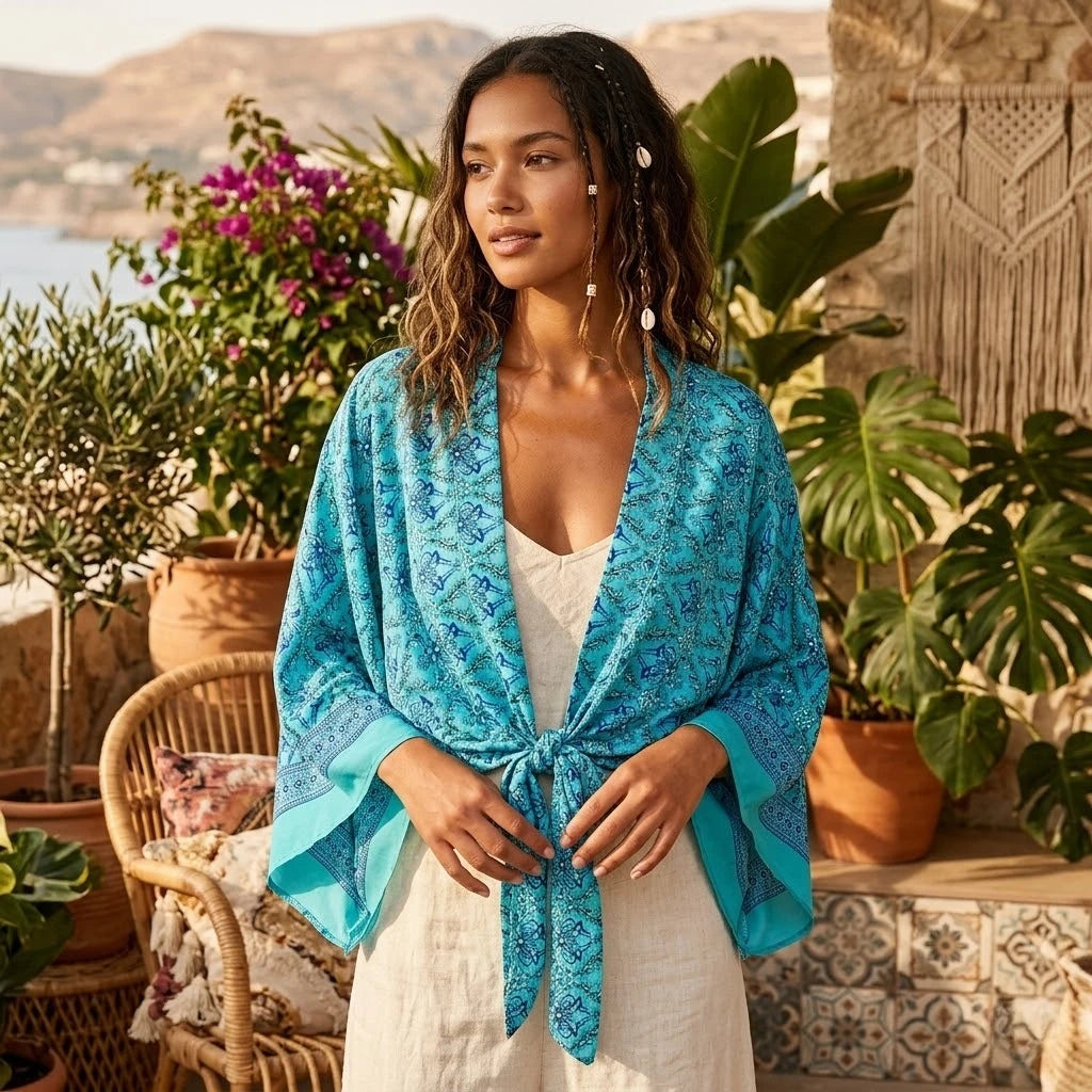 Vintage Multi Floral Boho Kimono Short Robe Swimsuits Women Fashion Batwing Sleeves Rayon Bohemian Bikini Cover Ups Beachwear