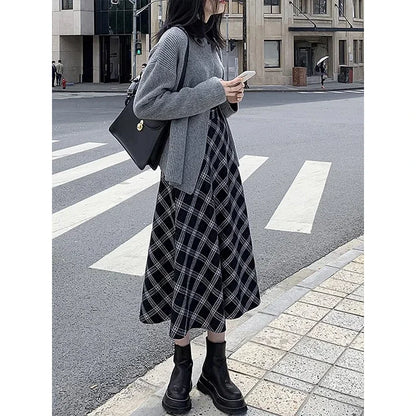 New 2025 Plaid Long Skirts Women Korean Style High-waisted A-line Thin Skirt Casual Daily Basics Skirts Woman