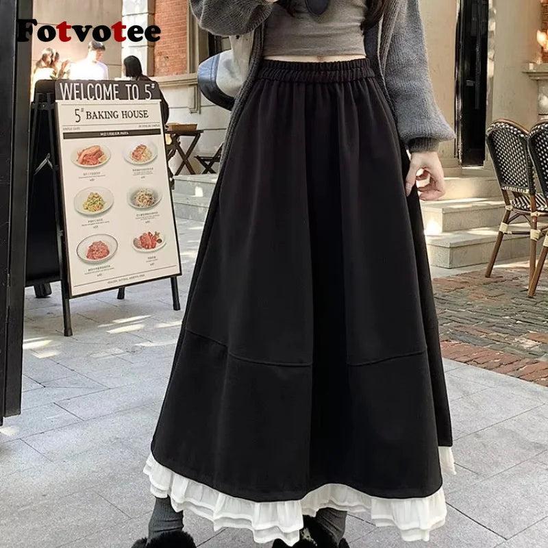 FOTVOTEE Japanese Autumn Woolen Midi Skirt for Women Elastic High Waist Ruffle Hem A Line Skirts Women Loose Draped Casual Skirt