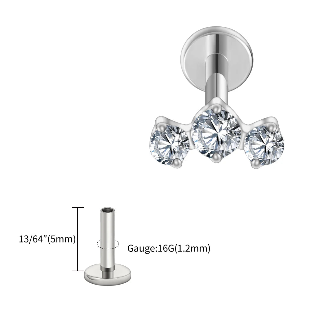Right Grand ASTM F136 Titanium Triple CZ Cluster Cartilage Earring 16G Mini CZ Labret Tragus Helix Medusa Flat Back Piercing