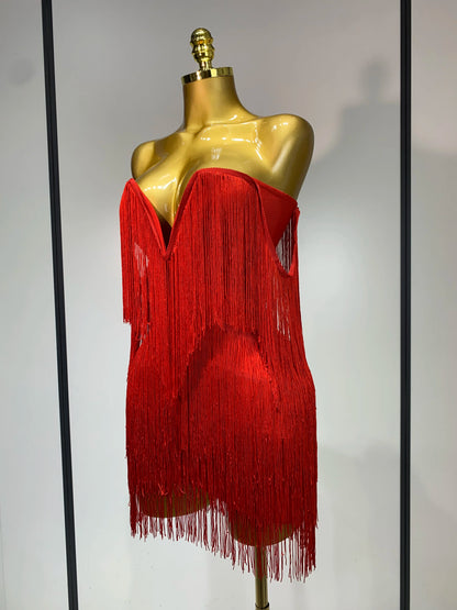 Women Sexy Strapless Tassel Off Shoulder Bandage Dress Fancy Club Celebrity Evening Party Mini Bodycon Dress Birthday Vestido