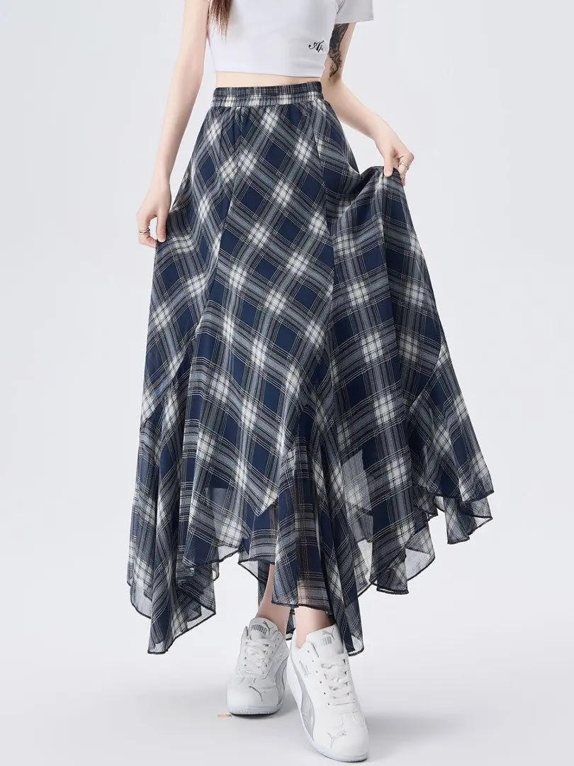 New Arrival Asymmetrical Plaid Chiffon Long Skirt For Women Summer Casual Loose Big Swing Beach Midi Skirts Lady