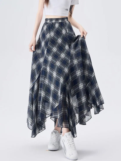 New Arrival Asymmetrical Plaid Chiffon Long Skirt For Women Summer Casual Loose Big Swing Beach Midi Skirts Lady
