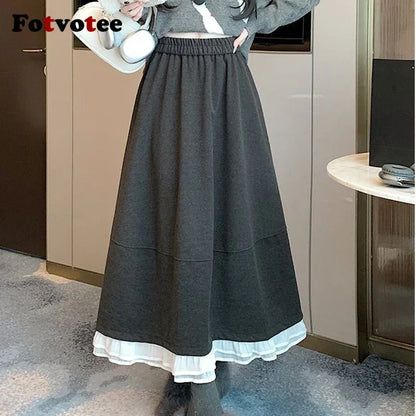 FOTVOTEE Japanese Autumn Woolen Midi Skirt for Women Elastic High Waist Ruffle Hem A Line Skirts Women Loose Draped Casual Skirt