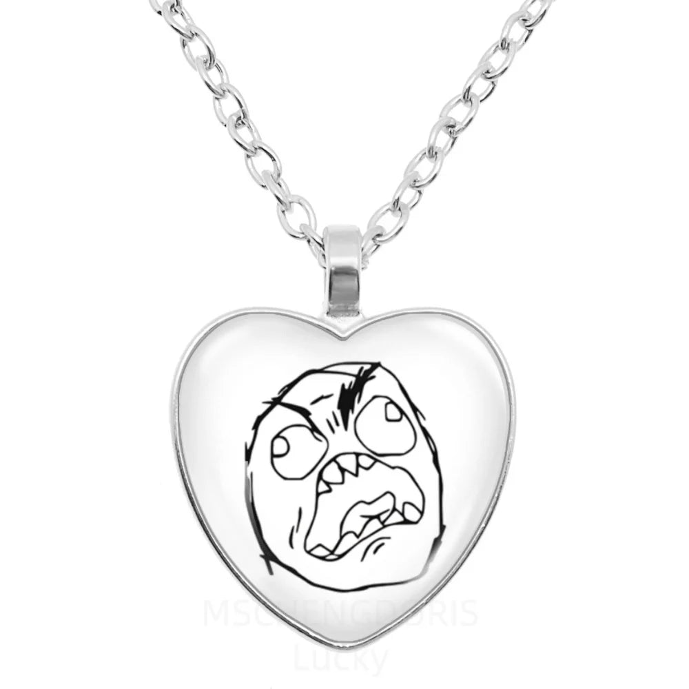 Rage Comic Necklace Derp Face Trollface Funny Meme Cartoon Glass Heart Shape Pendant Chain Necklace Charm Jewelry Collect Gift