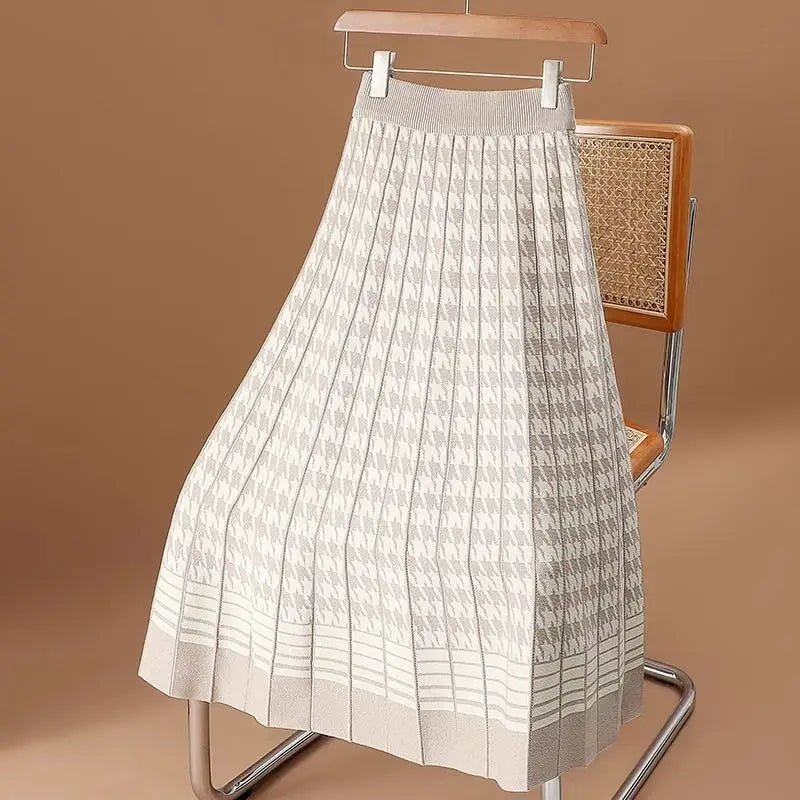 Autumn Winter New Plaid Printing Fashion Elastic Waist A-line Skirt Women High Street Casual Pleated Knitting Elegant Skirts