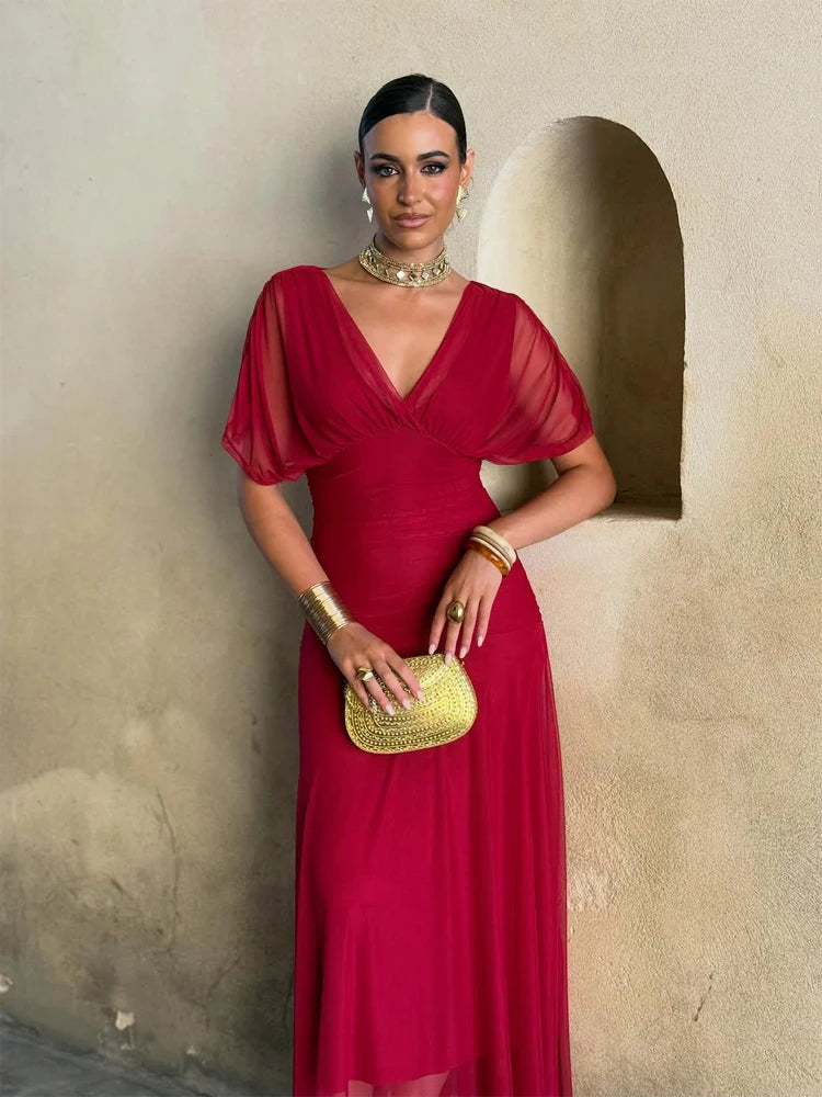 Women Solid Deep V-neck Mesh Long Dress Elegant Puff Short Sleeve Ruched Waist High Vestidos 2026 Summer Lady Casual Street Robe