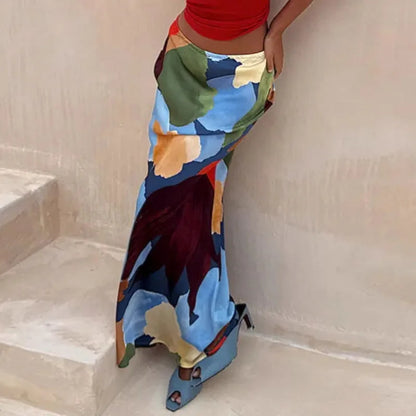 Vintage Pattern Print High Waist Maxi Skirts for Woman Elegant Slim Bodycon Skirt Spring Autumn Fashionable Long Skirts Harajuku