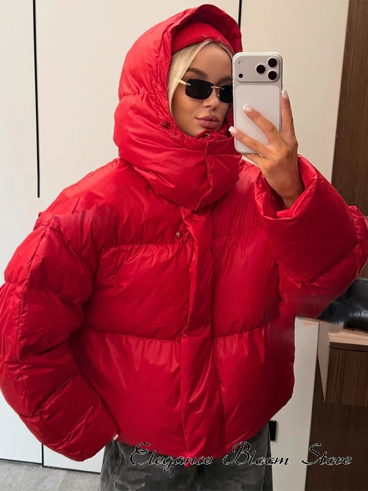 Bright Red Hooded Puffer Jacket Women Oversized Collar Horizontal Quilted Thick Padded Cropped Coats Warm Outwear Winter Wears