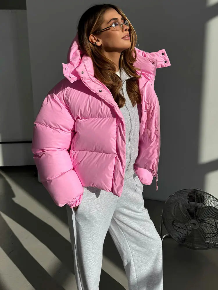Hooded Glossy Women Winter Coat Loose Thicken Long Sleeve Elastic Hem Jackets Oversized Stand Collar Warm Street Outerwear Lady