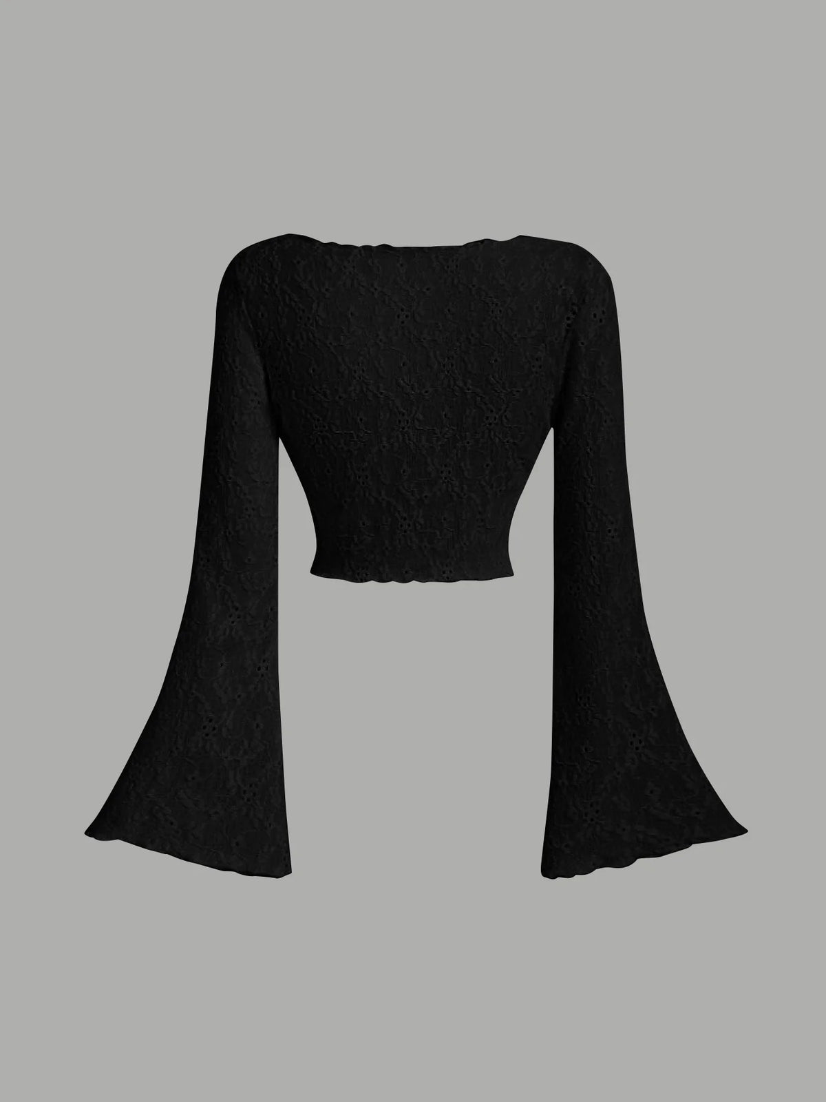 Women Eyelet Lace Flare Sleeve Crop Cardigan Front Tie V Neck Scalloped Edge Solid Black Summer Cover Up Shrug Top