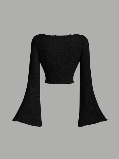 Women Eyelet Lace Flare Sleeve Crop Cardigan Front Tie V Neck Scalloped Edge Solid Black Summer Cover Up Shrug Top