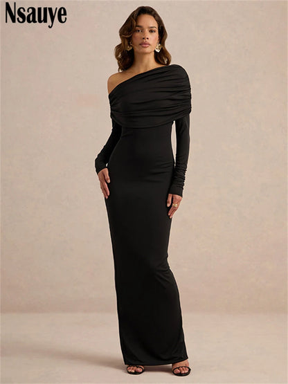 Nsauye Sexy Women Off Shoulder Evening Birthday Party Night Club Maxi Dress Elegant Long Sleeve Fashion Winter Bodycon Dress
