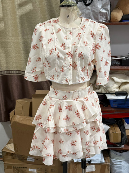 Elegant Printed Satin Skirt Set Women Fashion Round Collar Short Sleeve High Waist Top Skirts Suit Chic 2026 Lady Street Outfit