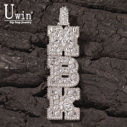 Uwin Custom Vertical Initial Letter Pendant Mixed Inlay Irregular Shape Cubic Zircon NamePlate Necklace Hiphop Jewelry