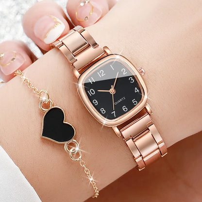 2PCS/Set Fashion Square Women Watches Stainless Steel Band Quartz Watch Heart Bracelet Set