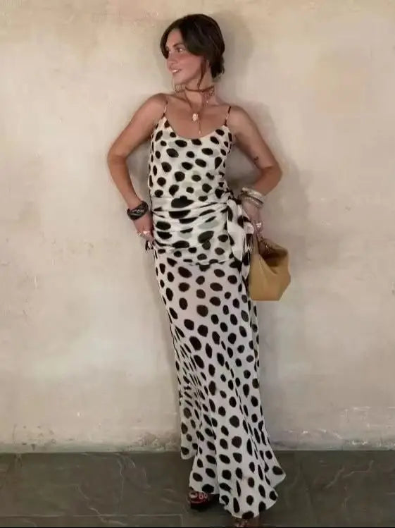Trendy Slip Dress Animal Print V-neck Ruched Drawstring Sexy Maxi Women Dresses Beach Vacation Stylish Retro Summer Party Outfit