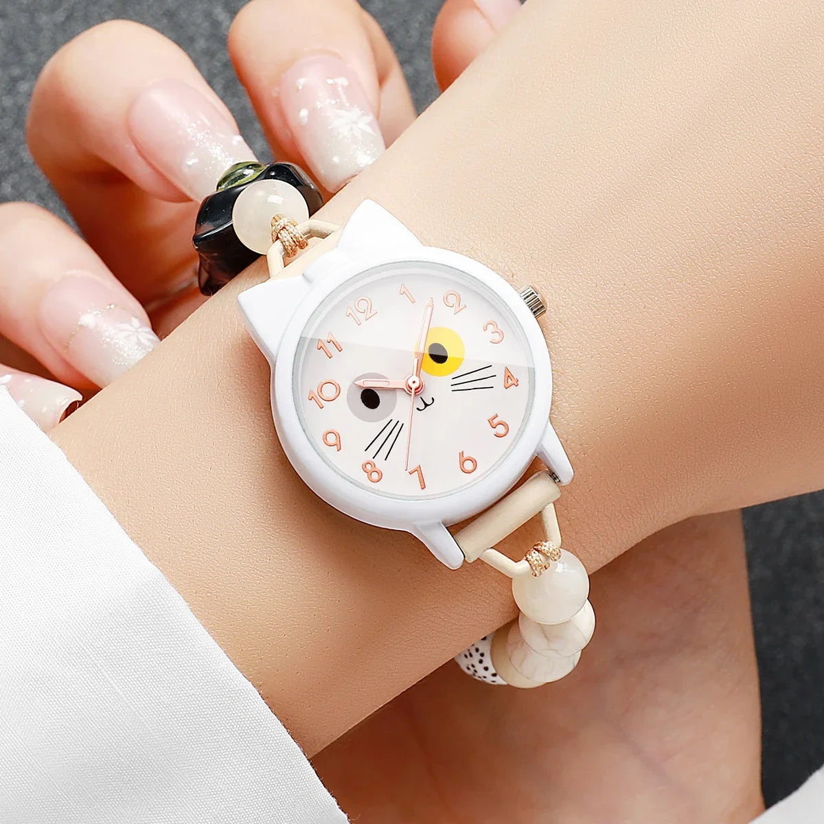 Lovely Cat Women Quartz Watch Adjustable Beaded Chain Bracelet Watches Relogio Feminino Girls Clock Gift (Without Box)