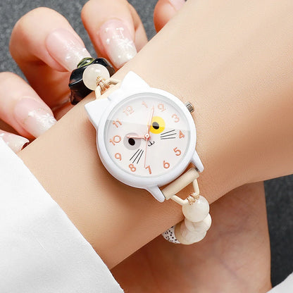 Lovely Cat Women Quartz Watch Adjustable Beaded Chain Bracelet Watches Relogio Feminino Girls Clock Gift (Without Box)
